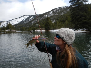 Katie loveing a rainbow and Matty with one on in the background. Gallatin River 2-20-2016